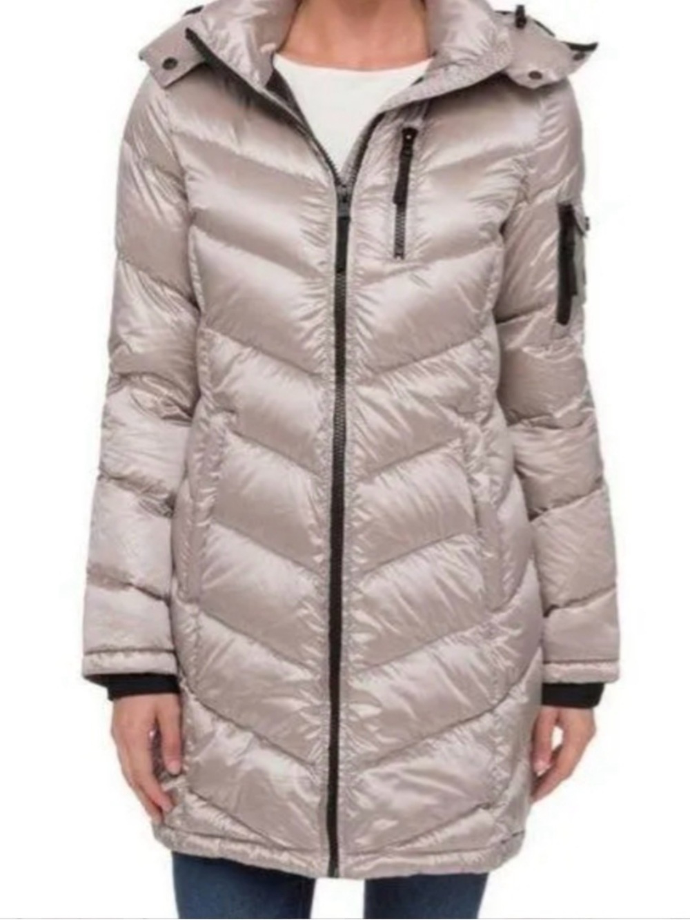 Andrew Marc Women's Silver Hooded Quilted Long Puffer Coat XS